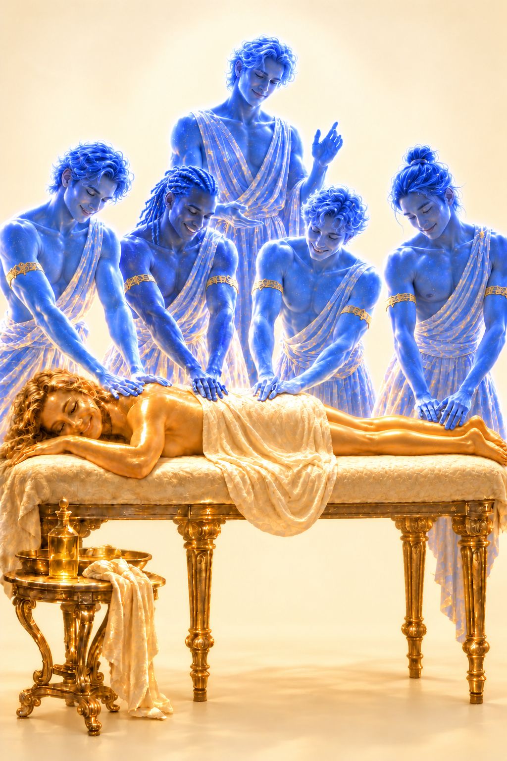 Illustration: four glowing blue men rest their hands on the back of a golden woman lying on a gold table.